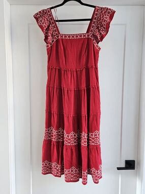 Knox Rose Red Midi Dress with White Embroidery Tiered Sundress - XS